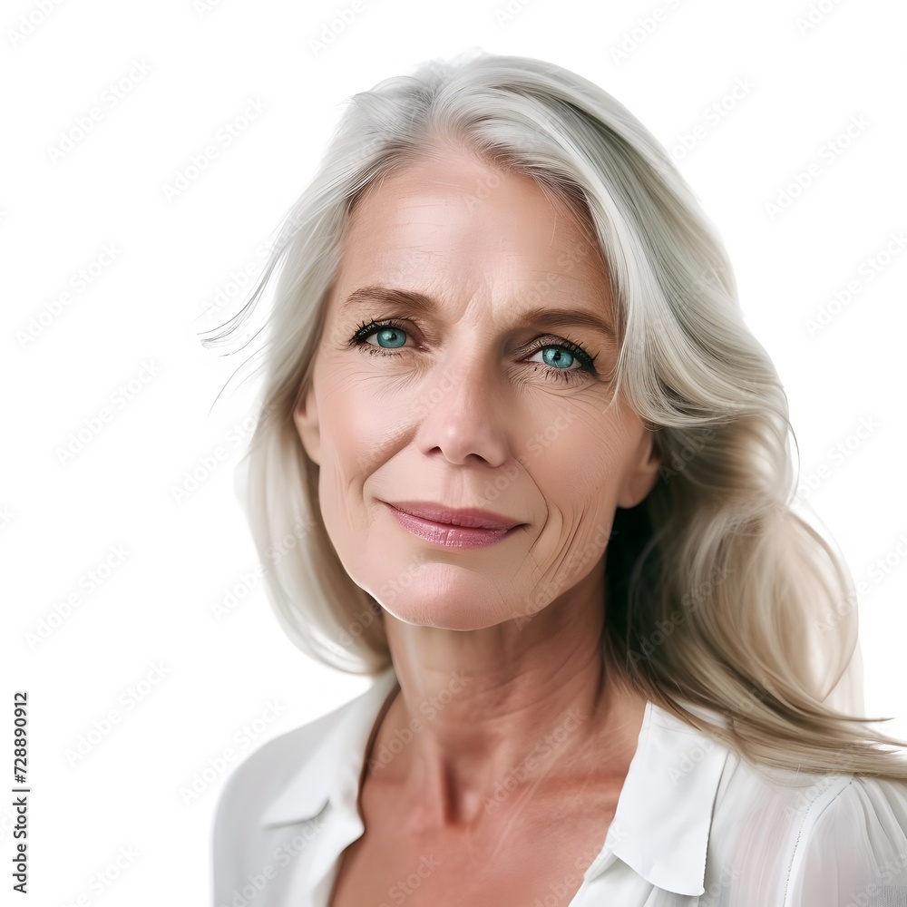 Close-up portrait of a stunning 50s mature woman with glowing skin, highlighting skincare beauty and cosmetics concept. Close-up portrait of a stunning 50s mature woman with glowing skin, highlighting skincare beauty and cosmetics concept.