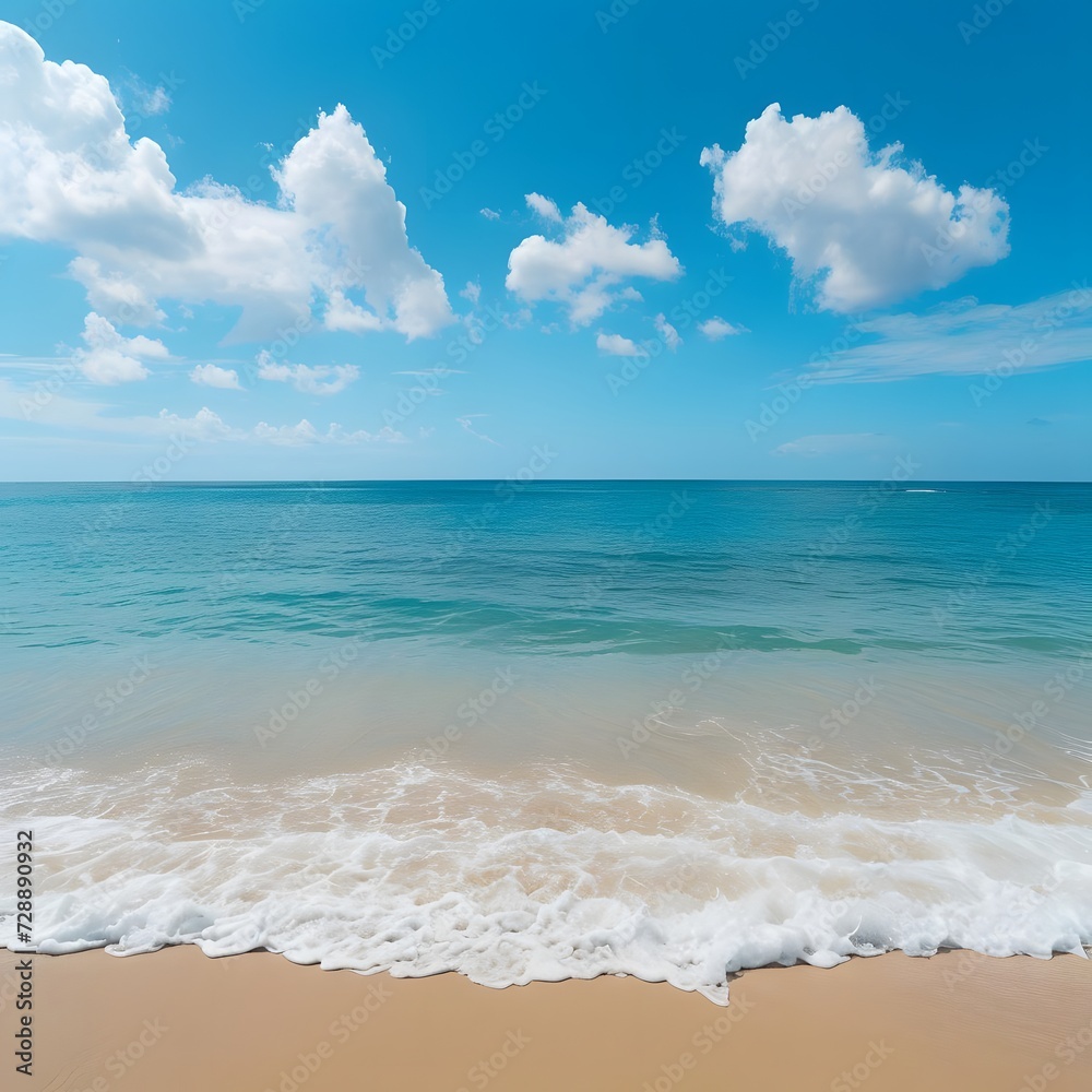 Panoramic view of a tropical beach horizon where the sky meets the sea, capturing the serene beauty of a tropical paradise.