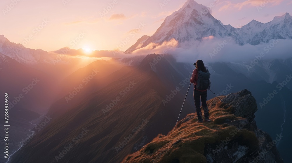photographer on the top of the mountain, capturing a beautiful sunrise generative ai