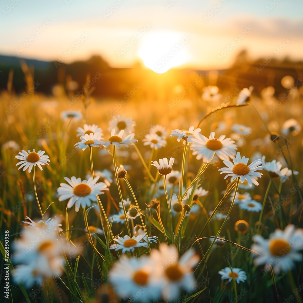 Beautiful landscape of a white daisy field during golden hour, with the sun setting in the background, creating a warm and tranquil scene.