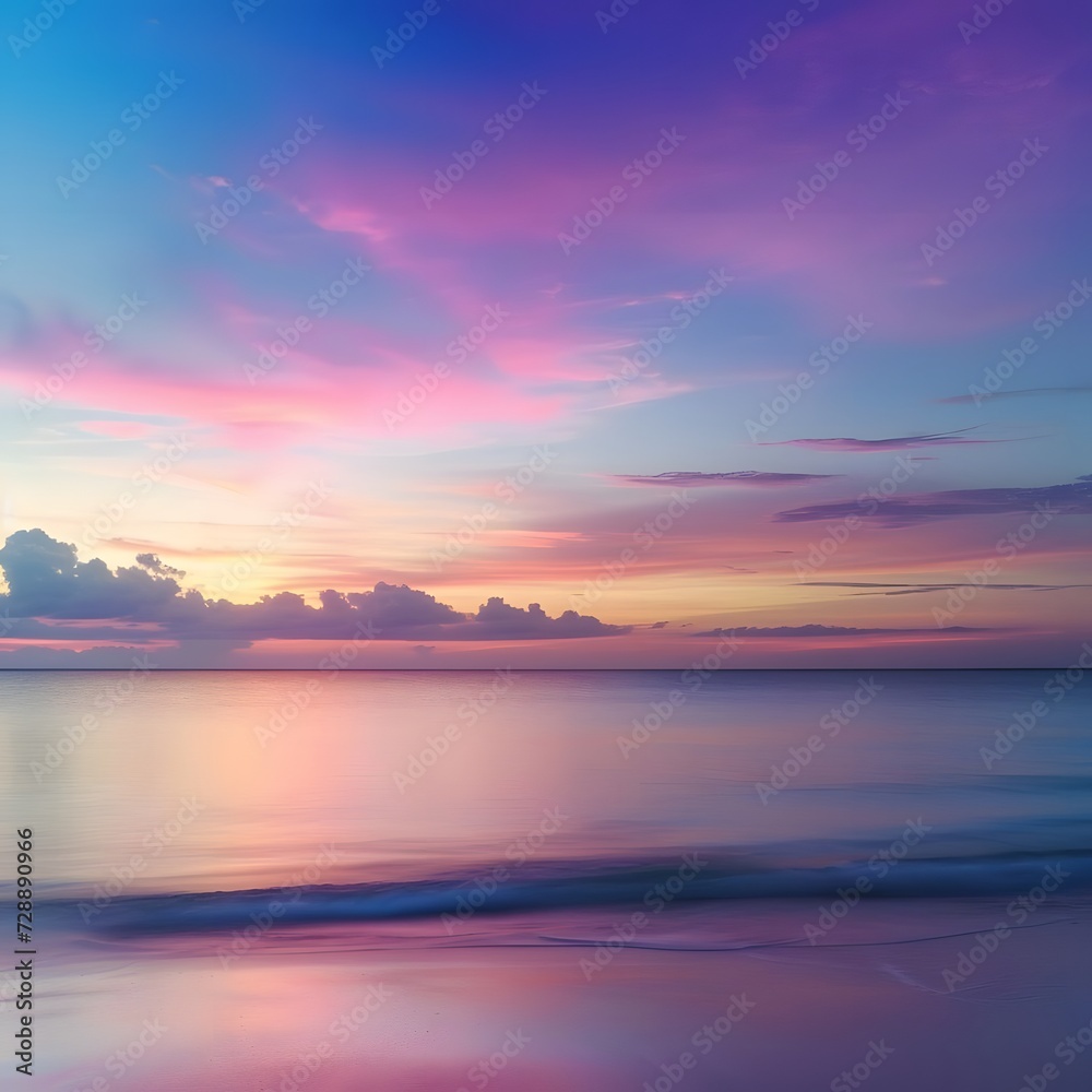 Tranquil tropical beach panorama capturing the serene beauty of the sea meeting the colorful sky at sunset.