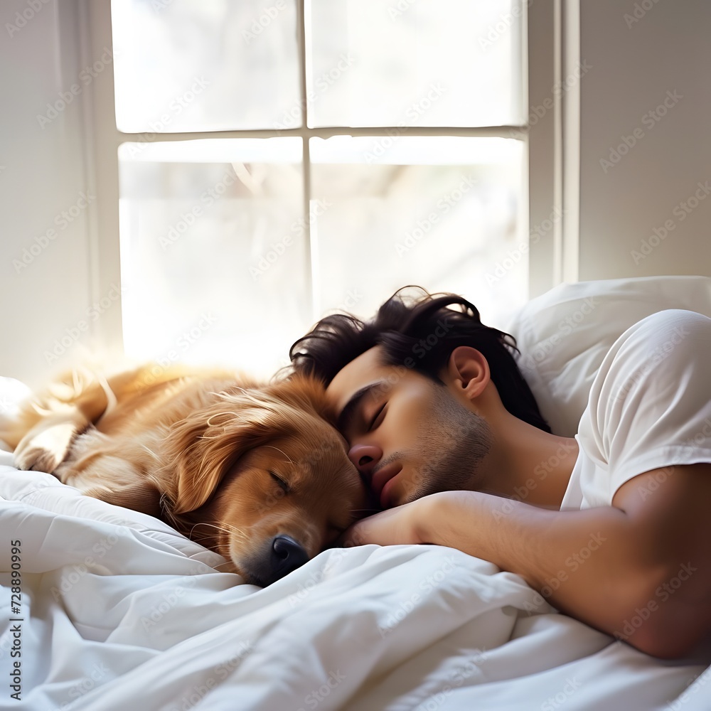 A young man and his beloved dog sleeping together on a white bed at home, showcasing a heartwarming bond and peaceful coexistence. A young man and his beloved dog sleeping together on a white bed at home, showcasing a heartwarming bond and peaceful coexistence.