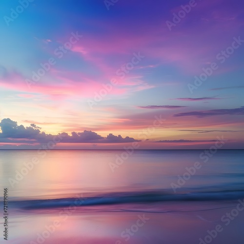 Tranquil tropical beach panorama capturing the serene beauty of the sea meeting the colorful sky at sunset. © Hasanul