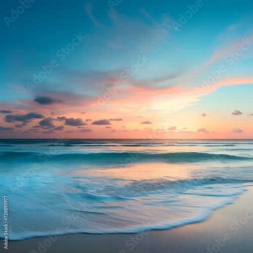 Tranquil tropical beach panorama capturing the serene beauty of the sea meeting the colorful sky at sunset.