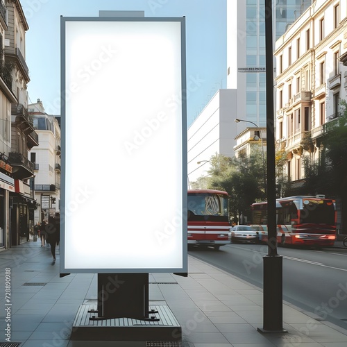 Vertical advertising stand mockup with a blank white billboard poster lightbox in a city street setting.
