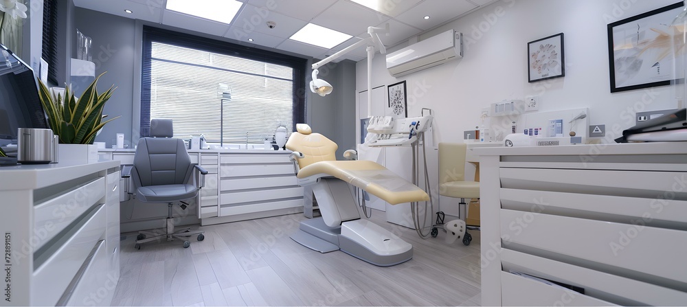 Modern dental clinic interior design with comfortable furniture and advanced equipment. clean and bright dental office aesthetic. perfect for medical and health related articles. AI Modern dental clinic interior design with comfortable furniture and advanced equipment. clean and bright dental office aesthetic. perfect for medical and health related articles. AI