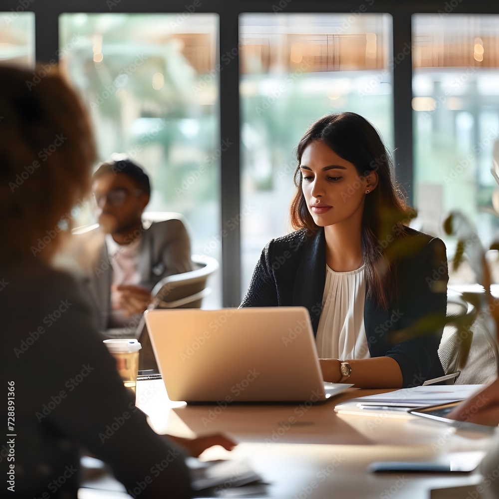 Businesswoman leading a meeting with her team, using a laptop in a professional setting. Collaboration and technology in a modern office environment. Businesswoman leading a meeting with her team, using a laptop in a professional setting. Collaboration and technology in a modern office environment.