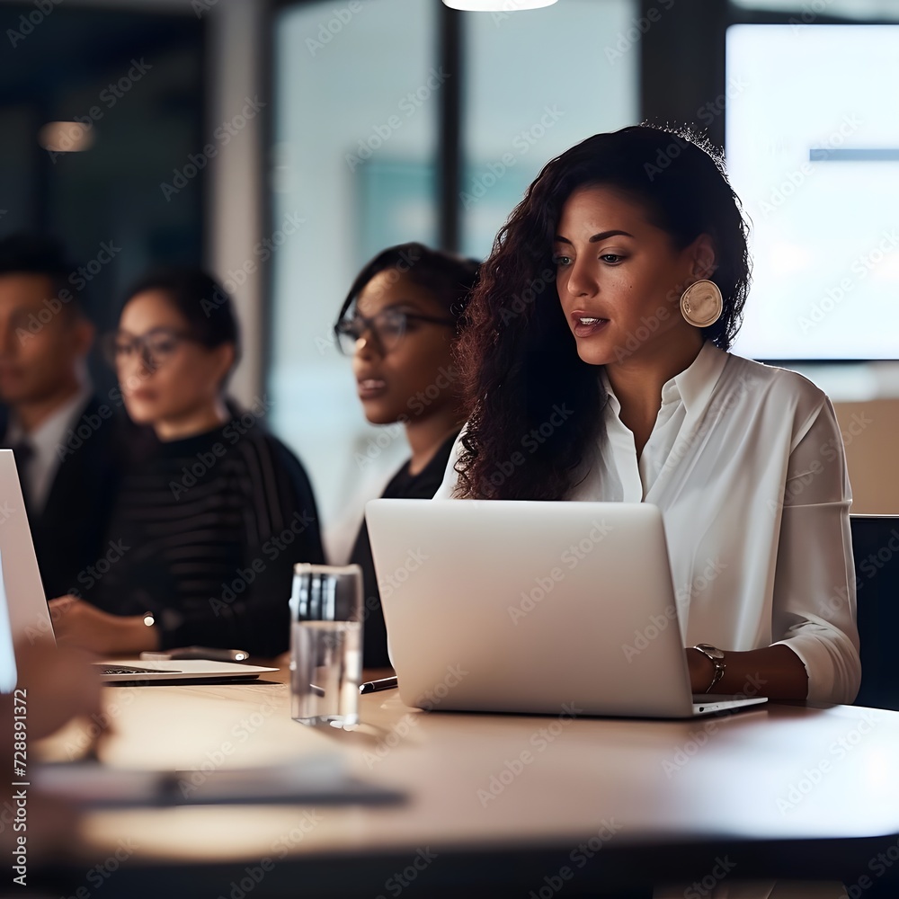 Businesswoman leading a meeting with her team, using a laptop in a professional setting. Collaboration and technology in a modern office environment. Businesswoman leading a meeting with her team, using a laptop in a professional setting. Collaboration and technology in a modern office environment.