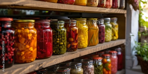 Assorted pickled vegetables in glass jars on wooden shelves. homemade preserves concept. colorful canned food. culinary photography. AI