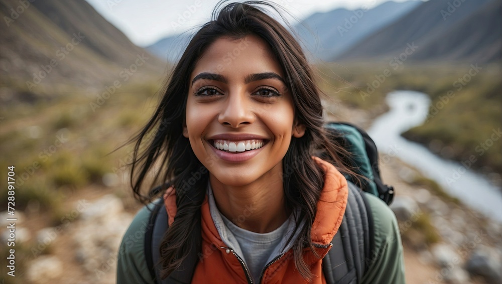  Energetic close-up selfie of a young Indian woman with a bright smile ...
