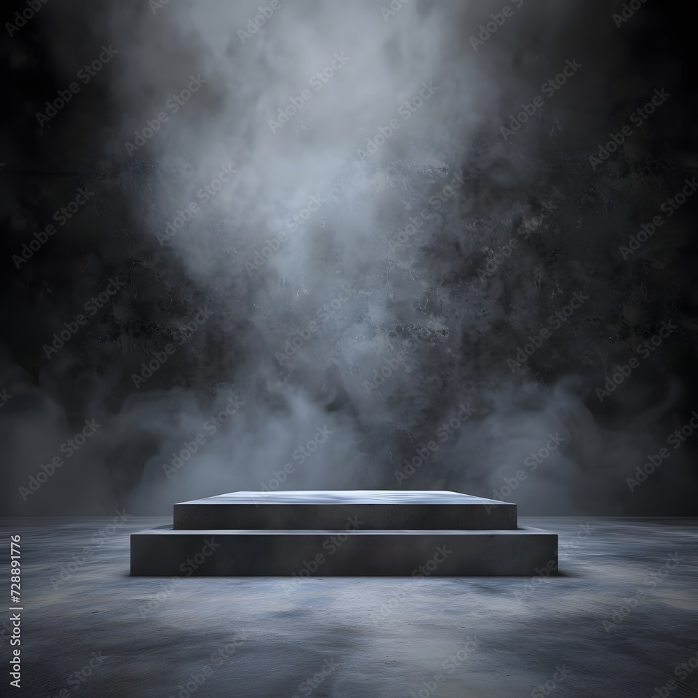 Mysterious dark podium stage with smoky environment and dramatic lighting, highlighting an empty table. Abstract setting for product display or artistic showcase. - obrazy, fototapety, plakaty 