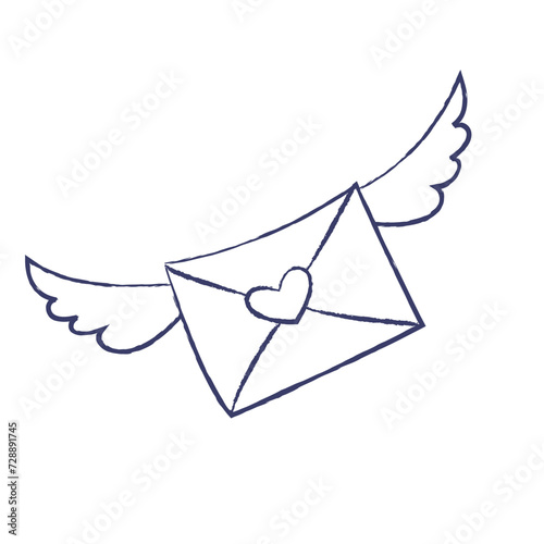 Vector Illustration of envelope with wings. Charcoal crayon hand drawn design. Isolated element on a white background photo