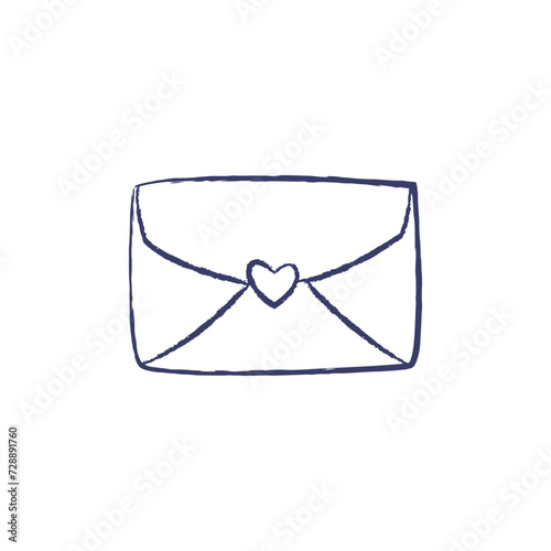 Vector Illustration of paper envelope with heart. Charcoal crayon hand drawn design. Isolated element on a white background photo