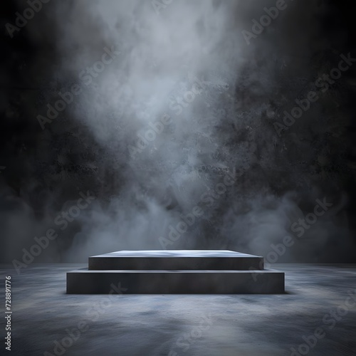 Mysterious dark podium stage with smoky environment and dramatic lighting, highlighting an empty table. Abstract setting for product display or artistic showcase.