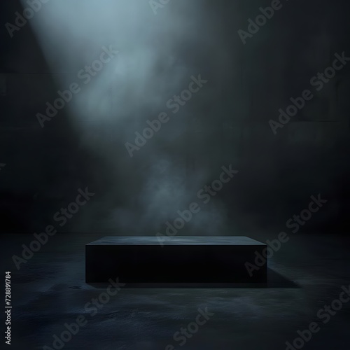 Mysterious dark podium stage with smoky environment and dramatic lighting, highlighting an empty table. Abstract setting for product display or artistic showcase.