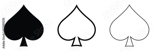 Flat style illustration of Poker playing card suit of Spades black symbol isolated. Vector icon set. Poker, card game, casino symbol.