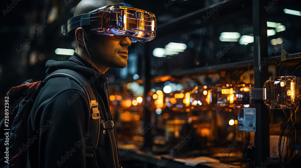 Future virtual reality technology for innovative VR warehouse management. Concept of smart technology for industrial revolution and automated logistic control Future virtual reality technology for innovative VR warehouse management. Concept of smart technology for industrial revolution and automated logistic control