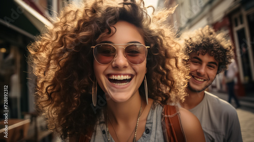 best friends taking selfie walking on city street - Happy young people having fun enjoying day out