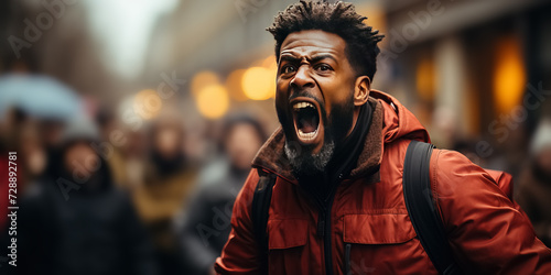 Black African American man activist angry shouting for his cause among people demonstration protester