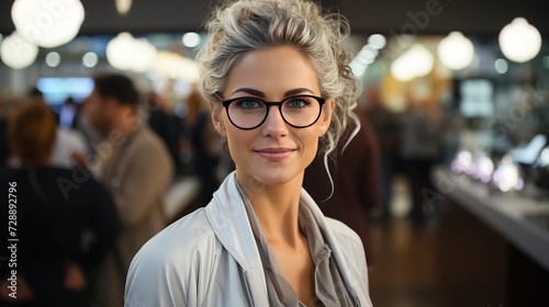 Beautiful young woman scientist wearing white coat and glasses in modern Medical Science Laboratory