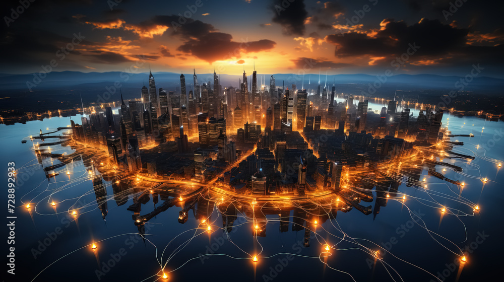 Fototapeta premium Active world trade, world market. Global electronics market, shining world map