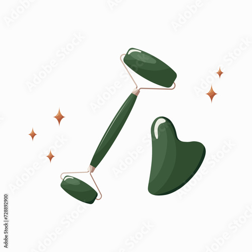 Jade roller and gua sha facial tools for massage. Beauty, skin care, body care, treatment concept. Hand drawn isolated vector illustration.