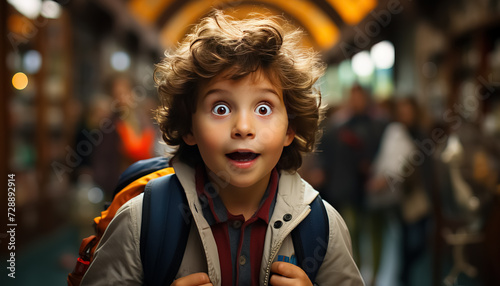 A surprised child walks among the bookshelves in the library  back to school concept