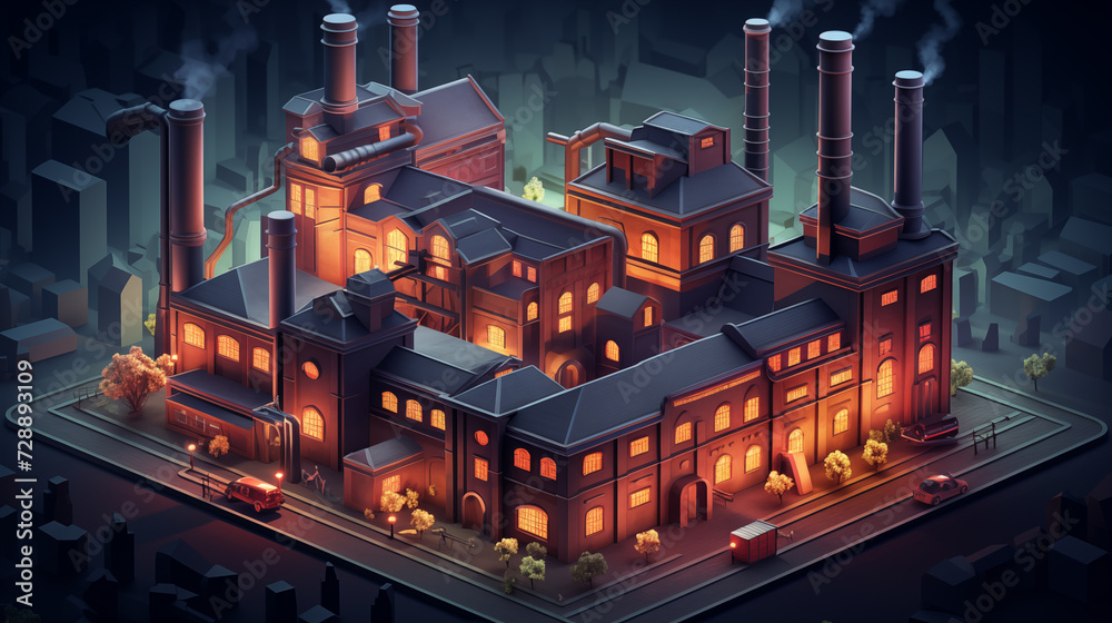 Isometric 3d view of street with old factory at night. Building of the end of 19th beggining od 20th centuries. Digital Illustration. - obrazy, fototapety, plakaty 