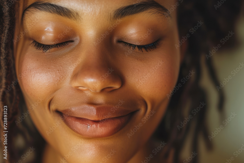 Close-up face african descent closing and opening eyes, smiling reaction.