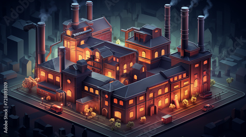 Isometric 3d view of street with old factory at night. Building of the end of 19th beggining od 20th centuries. Digital Illustration.