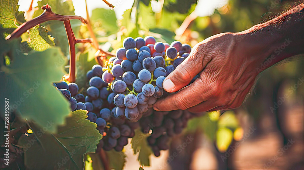 Wrinkled hands gather grape clusters, sunny vineyard. - obrazy, fototapety, plakaty 