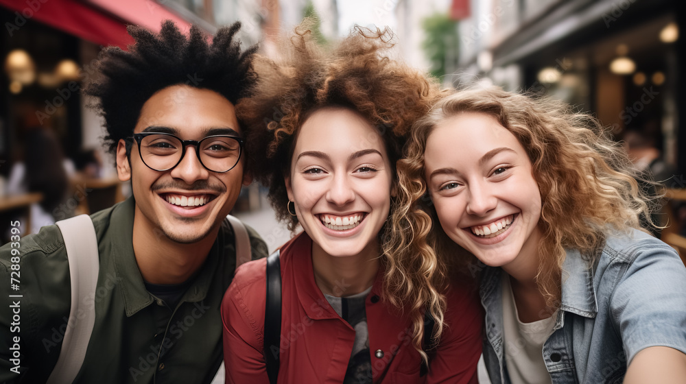 best friends taking selfie walking on city street - Happy young people having fun enjoying day out best friends taking selfie walking on city street - Happy young people having fun enjoying day out