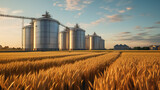 Silos in a barley field. Storage of agricultural production