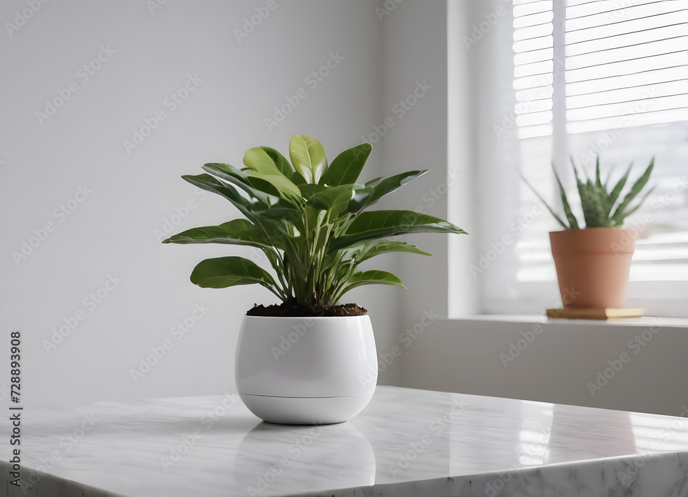 Houseplant in a white pot in a bright room on a white table