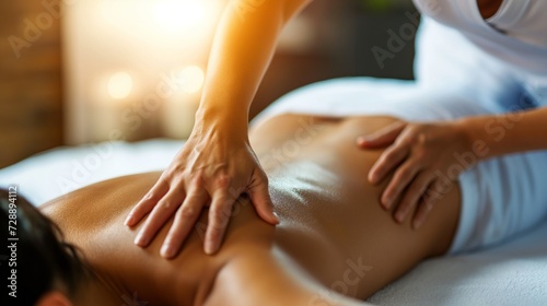 Body massage treatment. Woman having massage at the spa. Masseur working on her back.