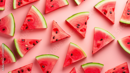 Watermelon fresh slices flat lay pattern fruits tropical pattern, Generative AI	