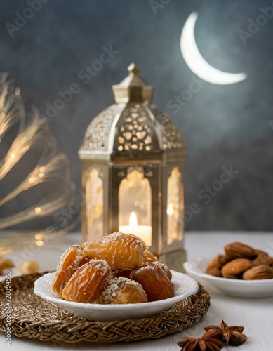 Ramadan Kareem and iftar muslim food. Holiday of Holy month of Ramadan. Dates, nuts, dried fruits and lattern with candles.