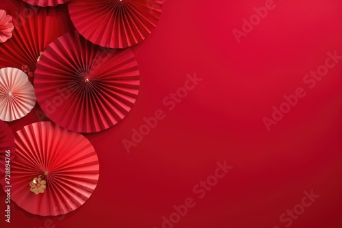 Chinese new year red paper fans top view  copy space