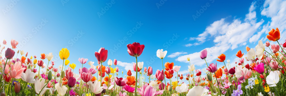 A field of tulips on a bright sunny day