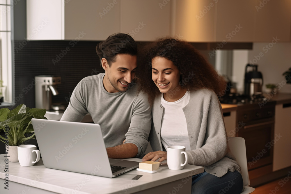 Together in Harmony: Joyful Moments of a Young, Diverse Married Couple at Their Cozy Home Office Together in Harmony: Joyful Moments of a Young, Diverse Married Couple at Their Cozy Home Office
