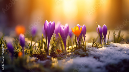 Crocus flowers emerge from the snow in early spring photo