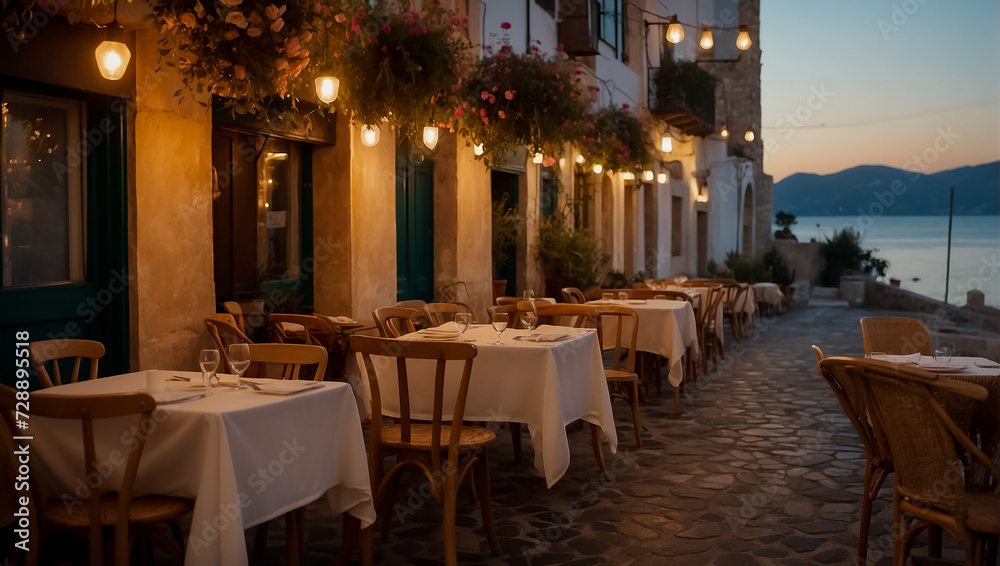 Beautiful summer street cafe in the evening in Greece mediterranean
