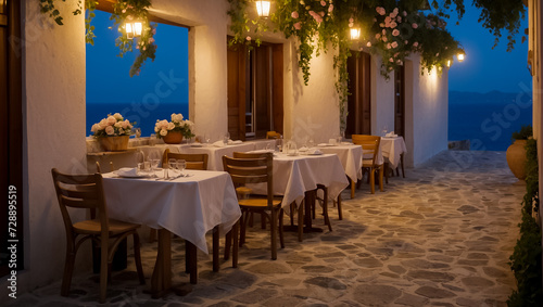 Fototapeta Naklejka Na Ścianę i Meble -  Beautiful summer street restaurant in the evening in Greece