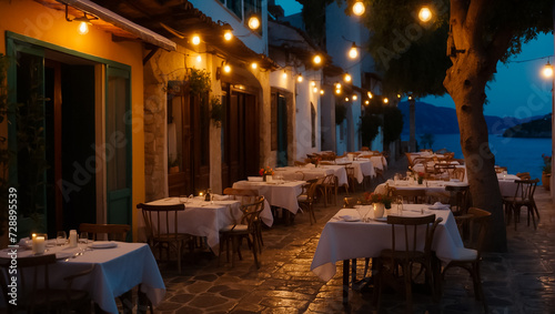 Fototapeta Naklejka Na Ścianę i Meble -  Beautiful summer street cafe in the evening in Greece holiday