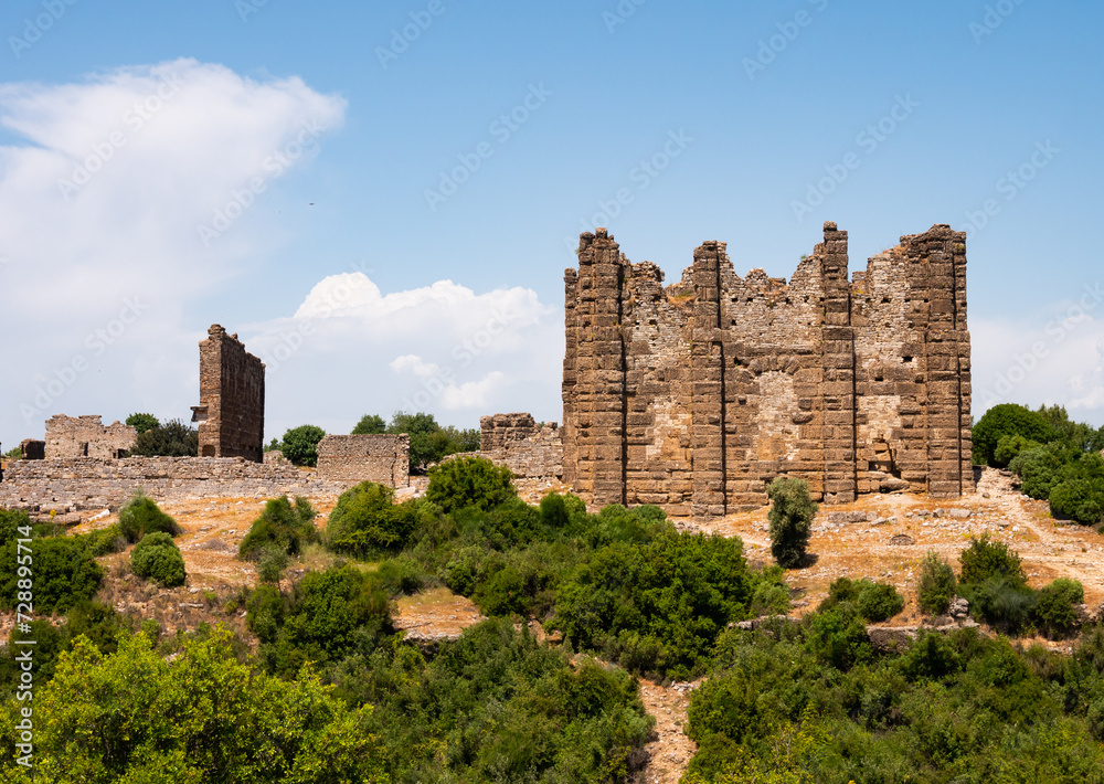 Ruins of the Nymphaeum and Bazilika of ancient city Aspendos. Turkey