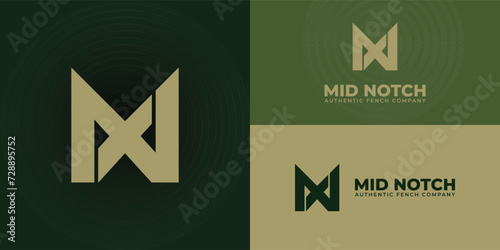 abstract initial letter M and N logo in gold color isolated in green background applied for custom deck and fence company logo also suitable for the brands or companies that have initial name MN or NM