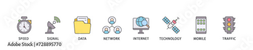5G icon set flow process illustrationwhich consists of speed, signal, data, network, internet, technology, mobile and traffic icon live stroke and easy to edit 