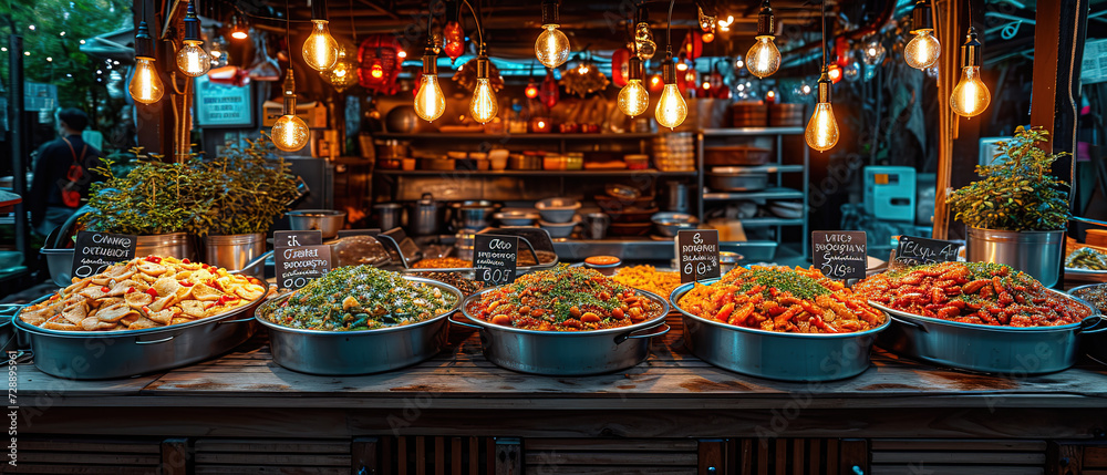 a display of food in metal bowls on a wooden table