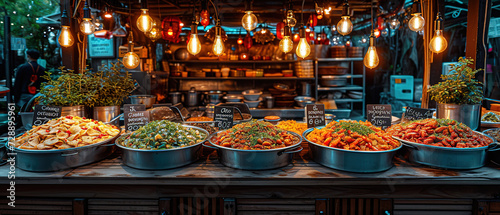 a display of food in metal bowls on a wooden table