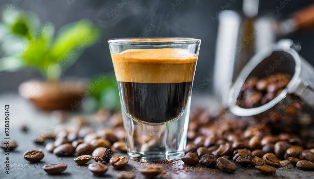 steaming espresso shot in a crystal-clear glass, capturing the rich aroma and inviting warmth of freshly brewed coffee steaming espresso shot in a crystal-clear glass, capturing the rich aroma and inviting warmth of freshly brewed coffee